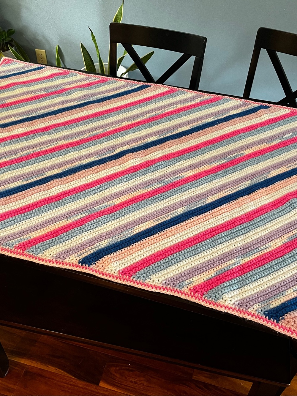 Handmade Striped Crochet Baby Blanket in Pink, Blue, Cream & Purple - Picture 5 of 8